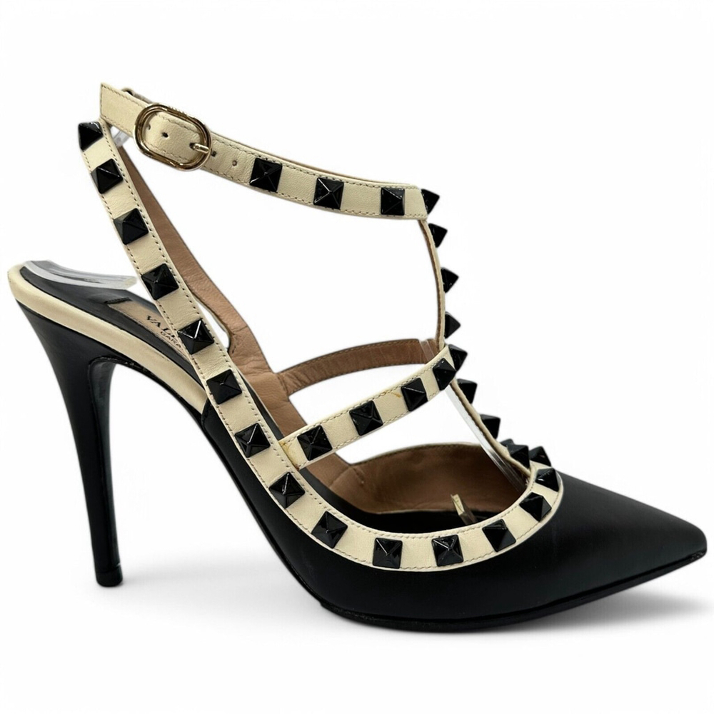 Valentino Rockstud Ankle Strap 100mm Pumps 36.5 Black Light Ivory Leather - Picture 3 of 14